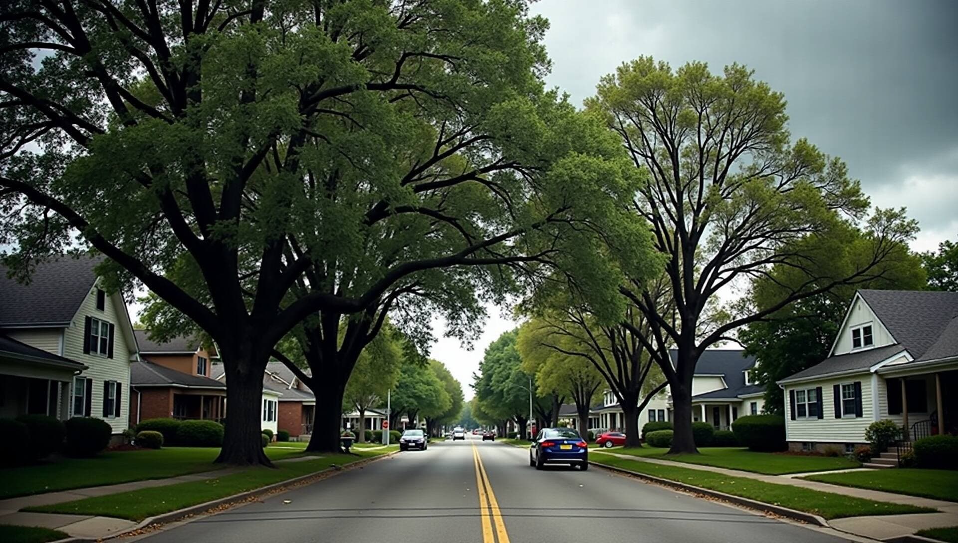 Illustration of a mature tree canopy arching over a residential street under storm clouds